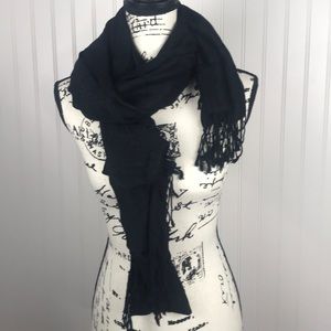 Black Blanket Scarf with Fringe and Floral Design